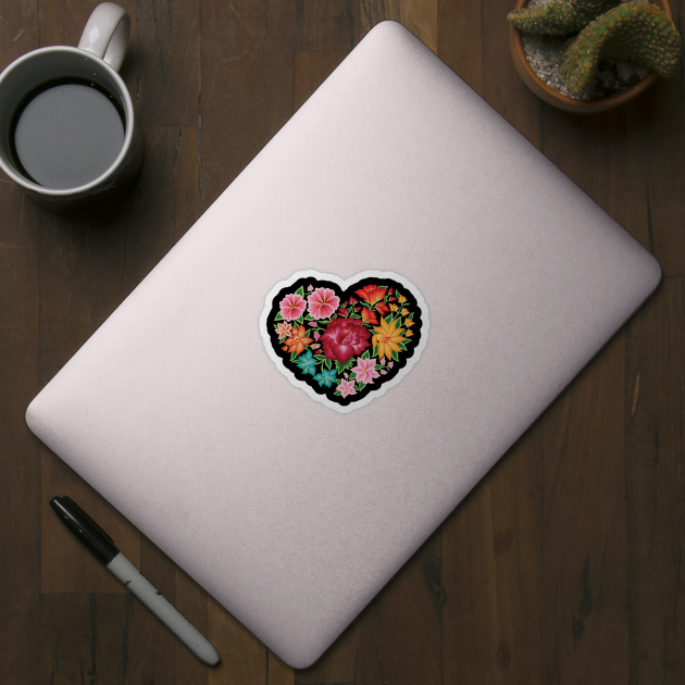 Mexican Embroidery Style Heart Design from Oaxaca, México (Black Background) by Akbaly